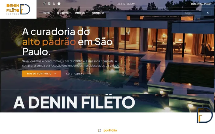 Página inicial do site da imobiliária Denin Filêto