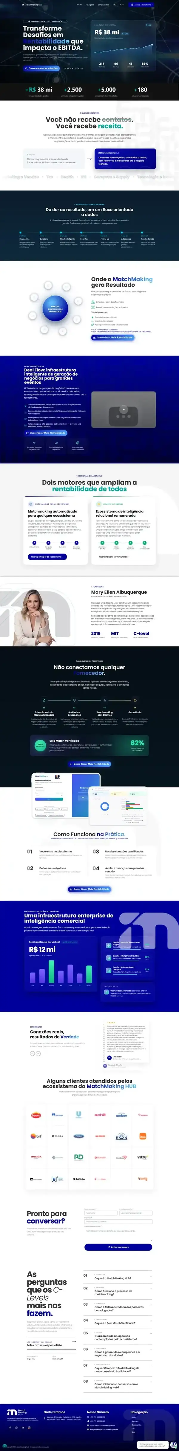 Página inicial da plataforma MatchMaking Hub, do topo ao rodapé, desenvolvida pela Rednew